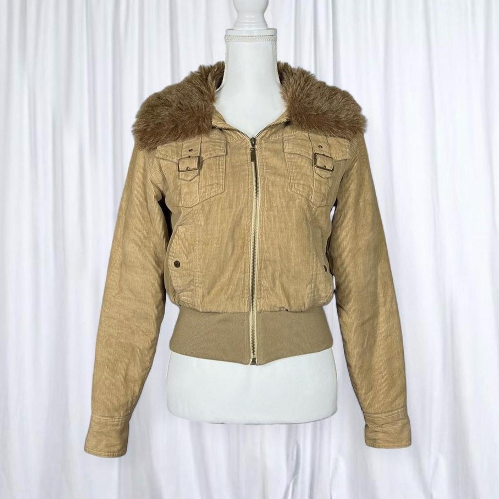 L.E.I. Tan Corduroy Fur Trim Bomber Jacket Vintage Y2K 2000s